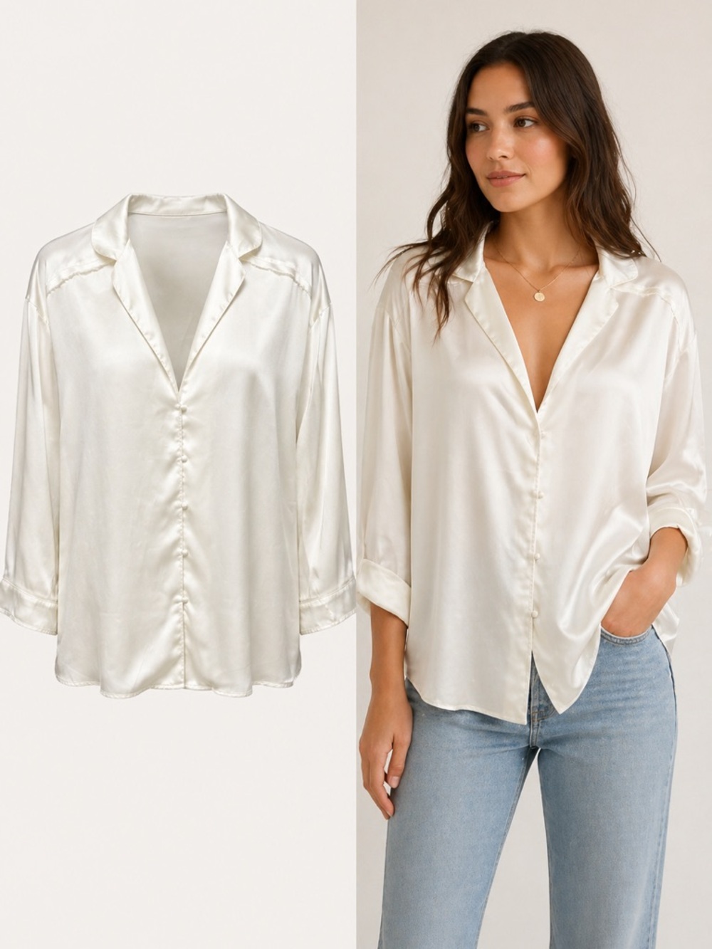 Free People Intimately Ivory Satin Button Front Blouse | Silky Pajama Top